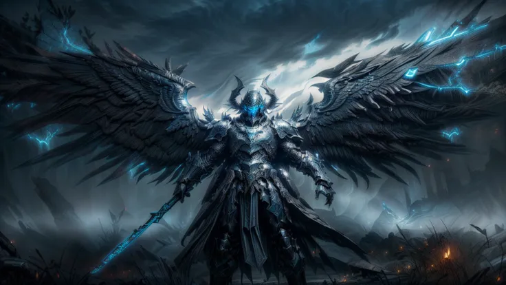 dark fantasy aestetics, elden ring, elden ring style dark night, dim light, huge wings made of grey and blue fire, death knight,...