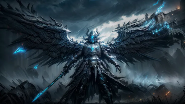 dark fantasy aestetics, elden ring, elden ring style dark night, dim light, huge wings made of grey and blue fire, death knight,...