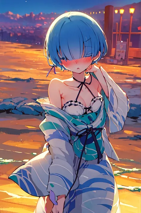 undressing、acme face、random pose、、summer festival、night sky、nsfw、yukata、short hair、blue hair、、hair over one eye、summer festival、...