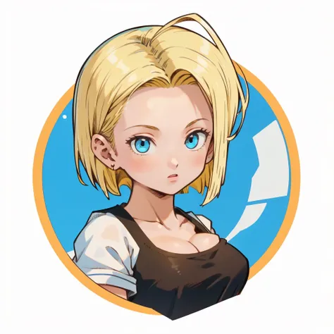 ((1girl,  android 18 , blonde hair, short hair, blue eyes, 1girl, white background, blonde hair, white shirt)), upper body, anat...