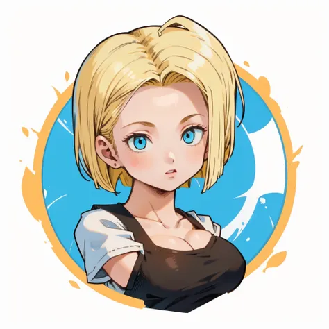 ((1girl,  android 18 , blonde hair, short hair, blue eyes, 1girl, white background, blonde hair, white shirt)), upper body, anat...