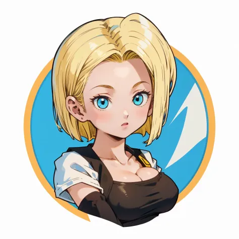 ((1girl,  android 18 , blonde hair, short hair, blue eyes, 1girl, white background, blonde hair, white shirt)), upper body, anat...