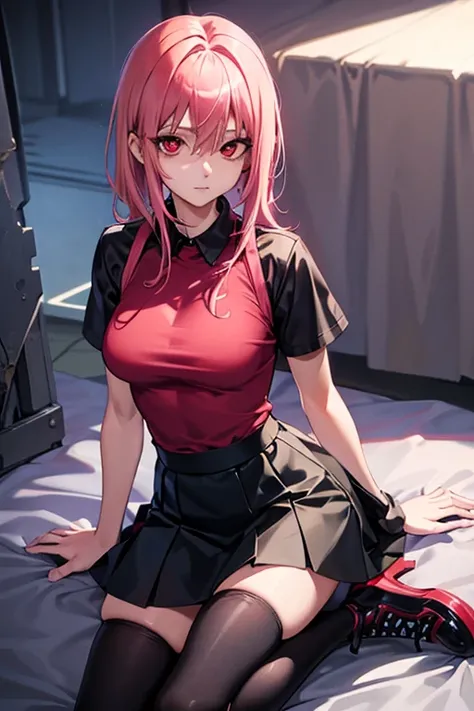 solo, Makima girl anime character Chainsaw Man (medium breasts) (masterpiece, best quality: 1.2), alternative costume, pink hair, blond hair, red eyes, black shoes, stockings, (red eyes: 1.3), ,black shirt, blue skirt