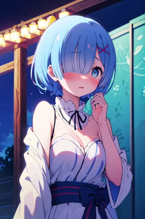 undressing、acme face、random pose、、summer festival、night sky、nsfw、yukata、short hair、blue hair、、hair over one eye、summer festival、...