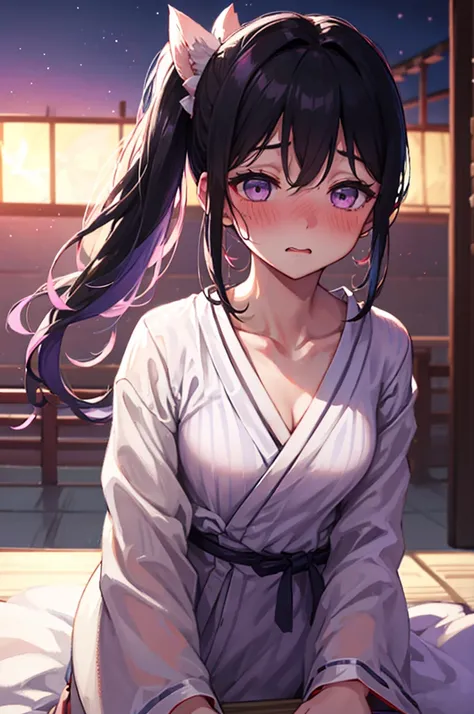 undressing、acme face、random pose、、summer festival、night sky、nsfw、yukata、black hair、side ponytail、pale purple eyes、summer festiva...