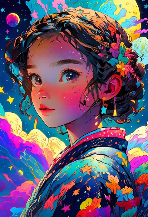 very fine art style, highest quality, 8k, illustration, animation, girl, night sky, starry sky, colorful, intricate detailed, pe...