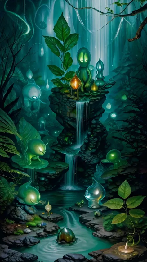 ethereal rainforest, otherworldly dimension, vibrant greens and blues, glowing bioluminescent plants, surreal waterfall, cascadi...