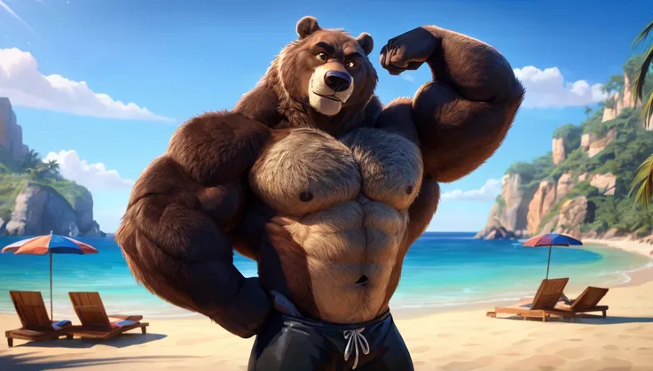 solo, 1boy, beach, size different, extremely huge muscular, massive muscular, baloo, jungle book, grizzly bear, full-body, well-...