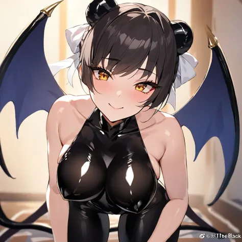 ((Highest quality)), ((masterpiece)), (detailed), （Perfect Face）、The woman is naked and wearing a shiny black full-body bodysuit decorated with gold, the devil queen Chun-Li is a sexy female demon.、The woman is a female demon with magnificent devil horns, ...