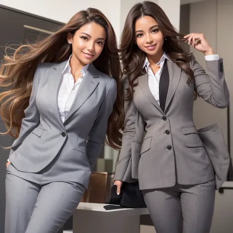 Generate a realistic image of a sexy young Latina entrepreneur , with long wavy hair, light brown skin. She is dressed in an elegant business suit, radiating confidence and success. The model is smiling warmly, conveying accessibility and professionalism. ...