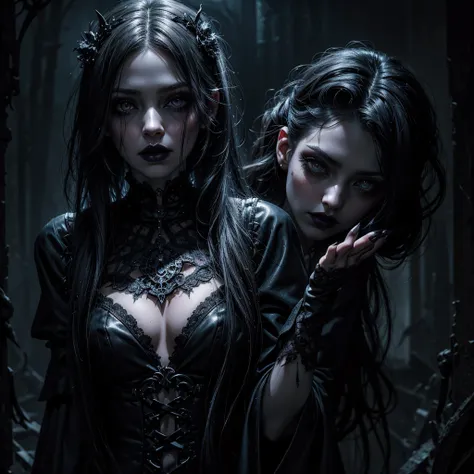 a beautiful undead girl, gothic style, blowing a kiss towards the camera, detailed face, glowing eyes, pale skin, dark lipstick, long eyelashes, intricate hairstyle, tattered clothing, dark romantic atmosphere, dramatic lighting, moody colors, cinematic ca...