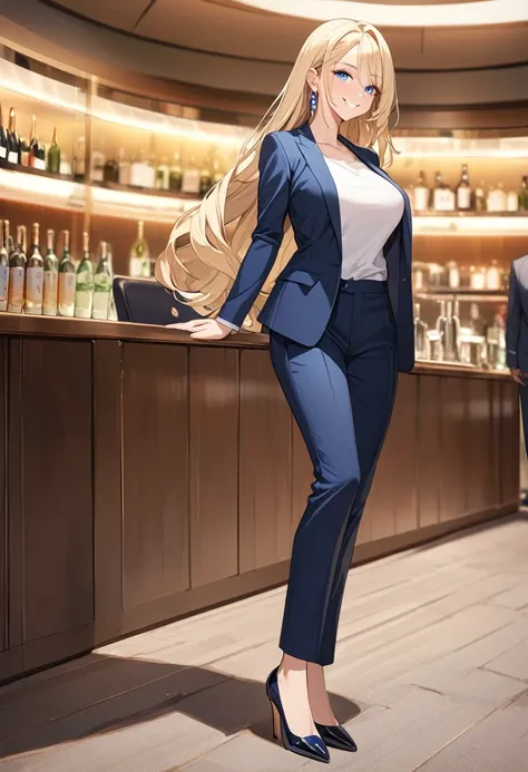 (Highest quality、Very detailed、Ultra-high resolution) 、(1 girl、17 years old、Mature), blue eyes、smile、((Blonde))、Semi-long hair、Beautiful breasts、(suit:1.4), T shirt, High heels, earrings