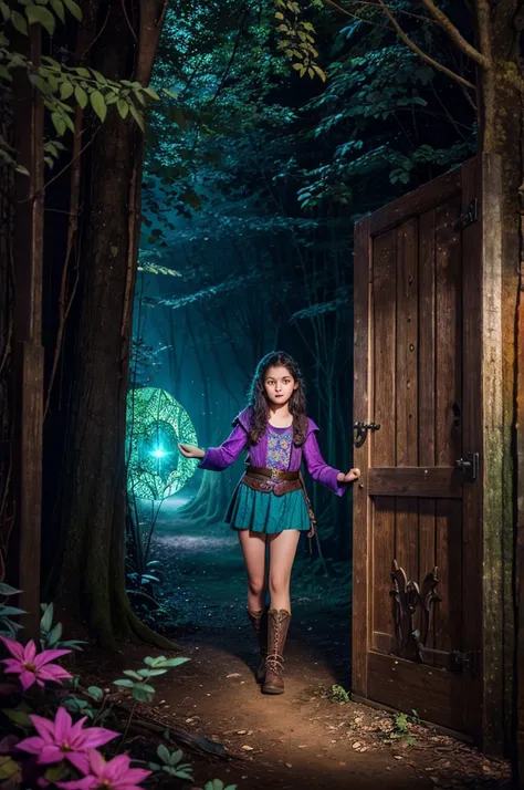 A young explorer named Elara stands before a hidden door in an enchanted forest, surrounded by vibrant colors and mystical creatures.