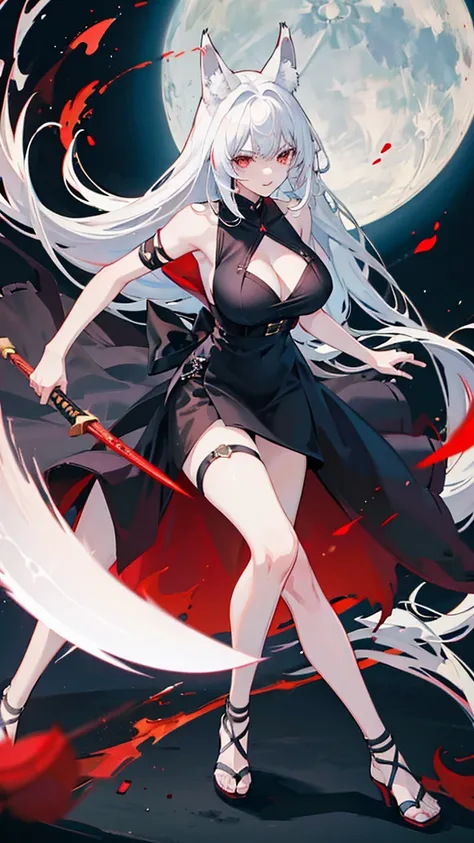 An adult woman half fox and wolf, wide breasts, red eyes, white hair, very angry, in a black little open dress, holding a sword