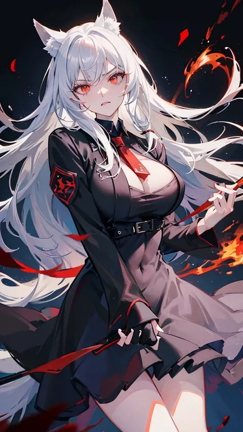 An adult woman half fox and wolf, wide breasts, red eyes, white hair, very angry, in a black little open dress, holding a sword