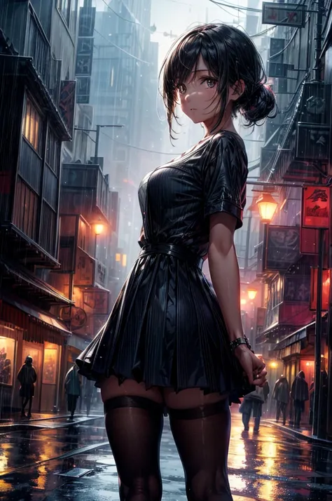 masterpiece, best quality, extremely detailed CG unity 8k wallpaper, A rainy night city. A silhouette illustration of a girl dancing without an umbrella. It looks like its lit up like a spotlight by streetlights and moonlight. The cityscape is realisticall...