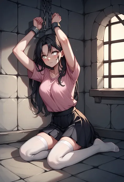 score_9, score_8_up, score_7_up, score_6_up, score_5_up, score_4_up, source_anime, 1girl, worth, black hair, loose hair, white eyes, w-w-chain, shackles ,put on hands, long hair, pink shirt, skirt, white stockings,night, dungeon, best quality, best res, 4K...