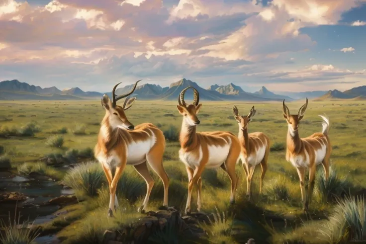 painting of antelope in a field with mountains in the background, by Ben Zoeller, wyoming, realistic paleoart, acrylic art, by Jim Murray, fine art museum piece, deers, by Darrell Riche, artist unknown, dramatic art, trending ，, amazing art, realistic phot...