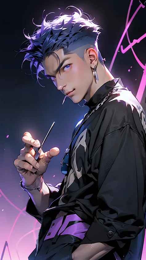 highest quality, 8K, high resolution image, anime style Jujutsu Kaisen, (Gilgamesh | Fate), detailed strokes, blurry, purple light reflecting from it, (close angle), 1 man, young, male, model, cooler Guy, multicolored background with different geometric sh...