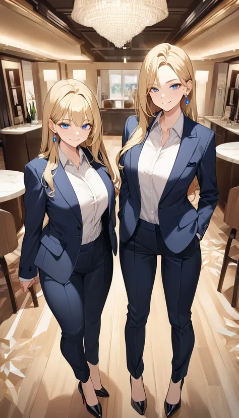 (Highest quality、Very detailed、Ultra-high resolution) 、(1 girl、17 years old、Mature), blue eyes、smile、((Blonde))、Semi-long hair、Beautiful breasts、(suit:1.4), T shirt, High heels, earrings