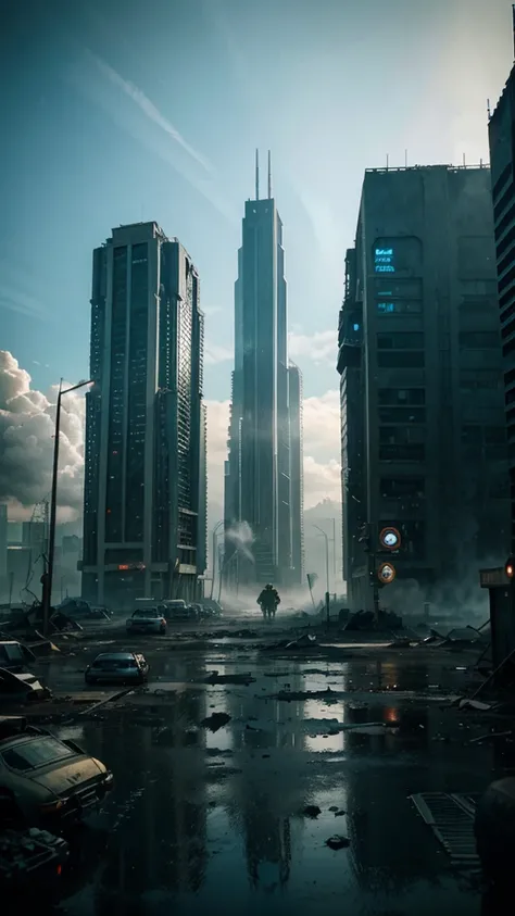 post-apocalyptic world, no humans, buildings destroyed, 4k realistic imagery, blue scenery like a movie scene, old american setting, inspired by blade runner movie scene, blue tone,