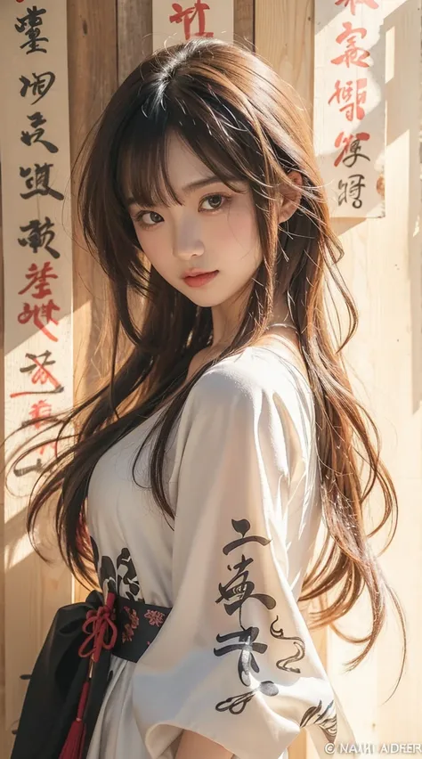 Beautiful Japanese Waifu, brunette hair, white traditional chinese dress with Chinese calligraphy on arm, in front of a wooden wall with Chinese calligraphy hanging 