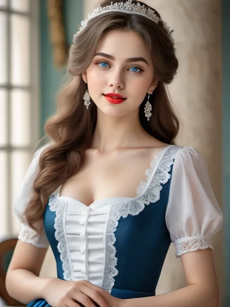 maid outfit,cute girl,beautiful blue eyes,elaborate hairstyle,gorgeous long hair,vivid white skin,delicate features,plump red lips,flawless complexion,alluring gaze,natural beauty,adorable smile,elegant posture,enchanting charm,sensual femininity,feminine ...