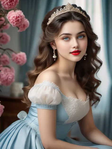 maid outfit,cute girl,beautiful blue eyes,elaborate hairstyle,gorgeous long hair,vivid white skin,delicate features,plump red lips,flawless complexion,alluring gaze,natural beauty,adorable smile,elegant posture,enchanting charm,sensual femininity,feminine ...