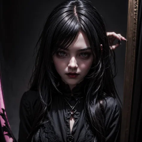 A realistic dark vampire girl who approaches the camera to give a kiss, against the background of black hearts