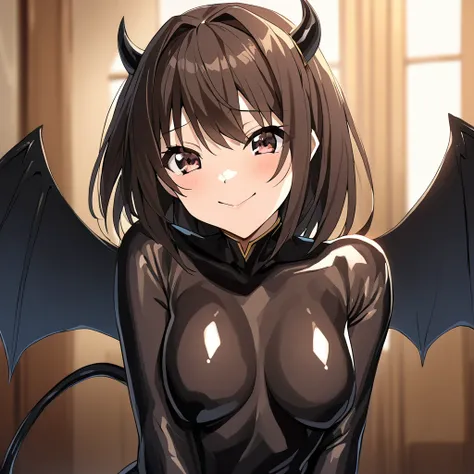 ((Highest quality)), ((masterpiece)), (detailed), （Perfect Face）、The woman is naked and wearing a shiny black full-body bodysuit decorated with gold, the sexy female demon, Devil Queen Haruhi Suzumiya、The woman is a female demon with magnificent devil horn...