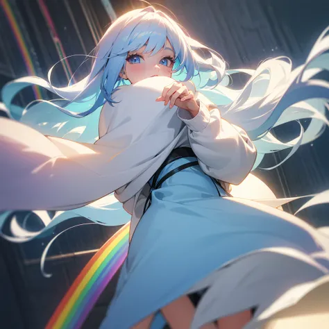 A woman with long white-blue hair and light rainbow eyes, a cute look, wearing a white long-sleeved sweater and a gray skirt anime Masterpiece 3D