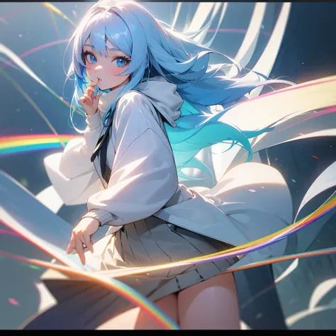 A woman with long white-blue hair and light rainbow eyes, a cute look, wearing a white long-sleeved sweater and a gray skirt anime Masterpiece 3D