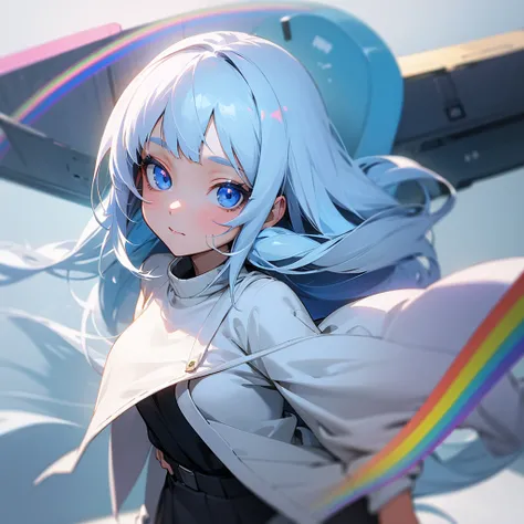 A woman with long white-blue hair and light rainbow eyes, a cute look, wearing a white long-sleeved sweater and a gray skirt anime Masterpiece 3D