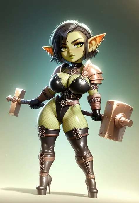 Girl, goblin girl, goblin, green skin, short, short stature,short hair, black hair, large breasts, miniskirt, latex, long gloves, thigh boots, goth, pouty lips, masterpiece, best quality, sexy, dynamic pose, 8k, shortstack, sfw, shiny, fantasy, dungeons an...