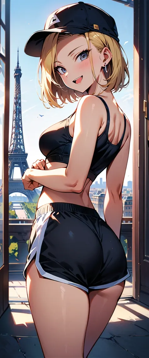 (masterpiece, best quality:1.2), solo, Android 18 from Dragon Ball, ((crop sport bra)), (short dolphin shorts), medium breasts, short blonde hair loose, ((black eyes)), earrings on earlobes, slender feminine figure, narrow waistline, skinny body, (plane bl...