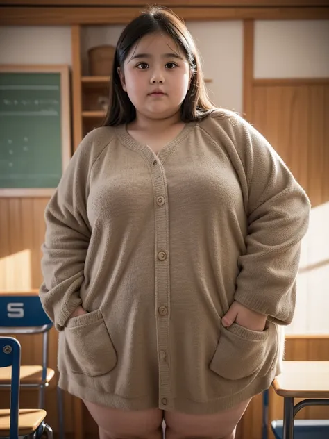 a 10 year old obese girl, chubby cheeks, round face, double chin, thick arms and legs, wearing a , standing in a school setting, realistic, detailed, highly detailed, intricate details, photorealistic, 8k, masterpiece, cinematic lighting, dramatic shadows,...