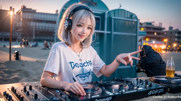 (ultra - detailed, 16K resolution, Cinema lenses, rendering by octane), (high resolution:1.18), intricate detail, (masterpiece:1.1), (highest quality:1.1), (1girl, portrait, white hair, blue eyes, short hair, detailed eyes),Wearing silver DJ headphones, Sh...