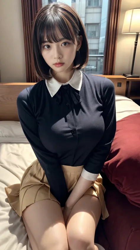 Masterpiece, highest quality, figure, Very detailed, Fine details, High resolution, 8k,wallpaper, Perfect dynamic composition,(Detailed high quality, Realistic depiction of eyes:1.3), (Collared shirt:1.1), Pleated skirt, Short Bob Hair、Black hair color, Bi...