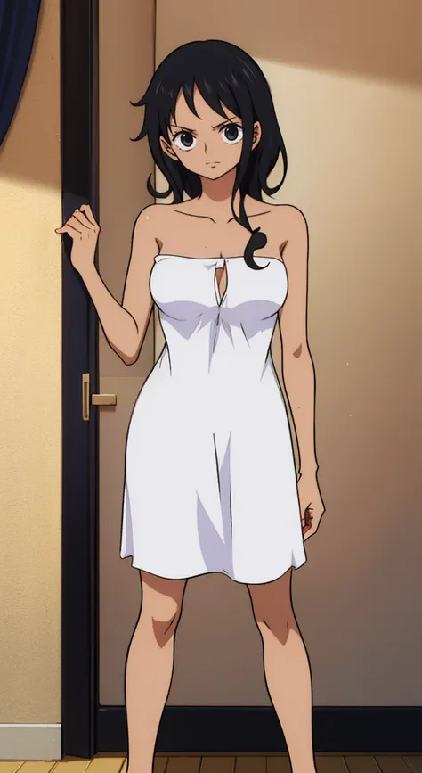 A girl with black curly hair, dark skin, black eyes and the name Mayza Hasaua, naked in front of a boy with black hair, black eyes, white skin, with the name Luffy, from the room