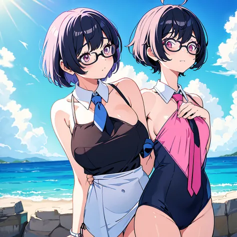 A bob-cut girl in a pink swimsuit with glasses,Tie your hands behind your back,grab your chest,Looking up,Black Hair,Wink,Seaside,pastel colour