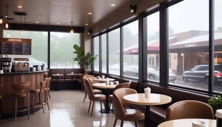  a smooth raining coffee shop inside, tables with coffee, and some windows