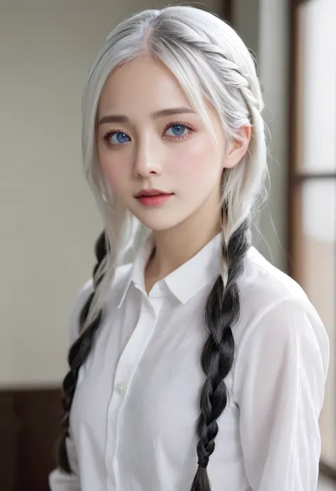 Excellent, masterpiece, white hair, blue eyes, White clothes, Upper Body, hair, White skin, Side Braid, best quality