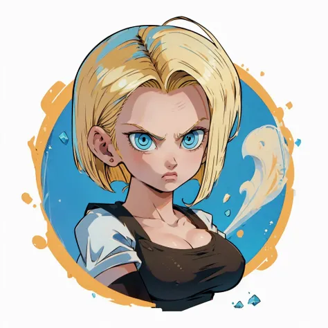 ((1girl,  android 18 , blonde hair, short hair, blue eyes, 1girl, white background, blonde hair, white shirt, angry eyes)), uppe...