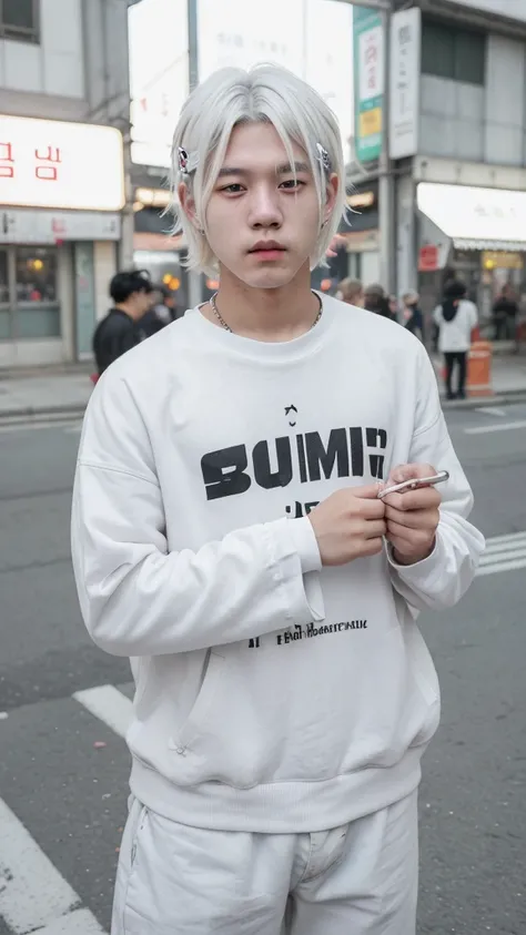 Boy
Korea
Teenager
Beautiful
White hair
Cute face
Street look