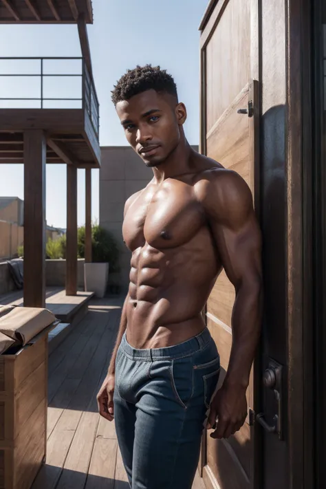 1boy, (Blue Eyes), happy smile,American boy,16 years old,young, slim body, slender, skinny body build, child-like,Handsome sexy black man, perfect body, male body aesthetics, skin texture, there is a man standing on the back of a truck with boxes, heavy-du...