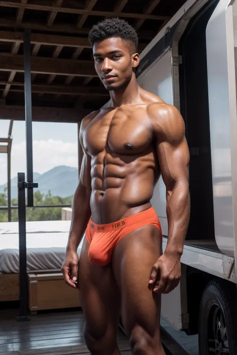 1boy, (Blue Eyes), happy smile,American boy,16 years old,young, slim body, slender, skinny body build, child-like,Handsome sexy black man, perfect body, male body aesthetics, skin texture, there is a man standing on the back of a truck with boxes, heavy-du...