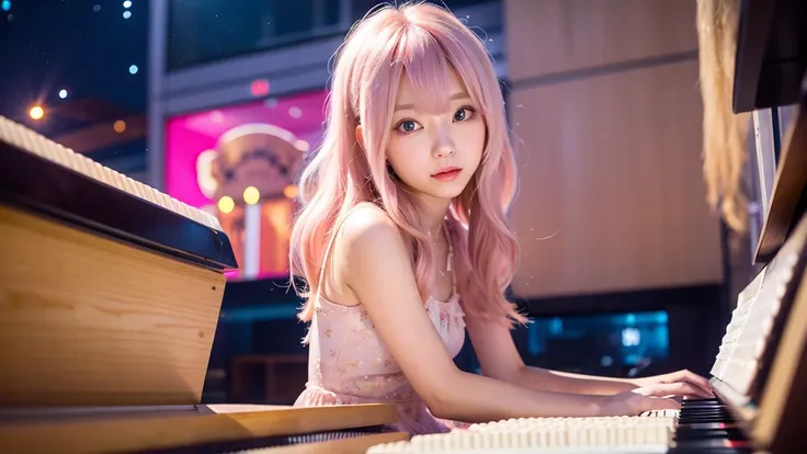 playing piano.ai hoshino, beige pink hair, blue hair,long hair, favorite , beautiful, shining eyes, stars in my eyes, idol,long ...