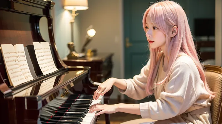 playing piano.ai hoshino, beige pink hair, blue hair,long hair, favorite , beautiful, shining eyes, stars in my eyes, idol,long ...