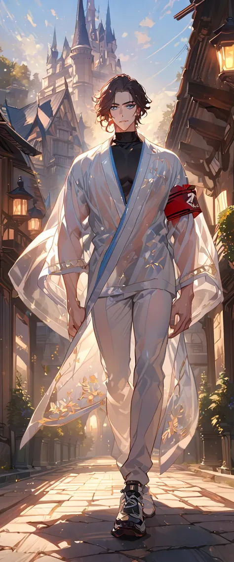 masterpiece, best quality, 8k ,4k ,solo, male, short dark blue reddish hair, black sleeveless turtle neck shirt, transparent robe hanging by the shoulder, transparent embroidery robes, white jogger pants, Walking, Manly pose, muscle arms, Armband, bangs, b...