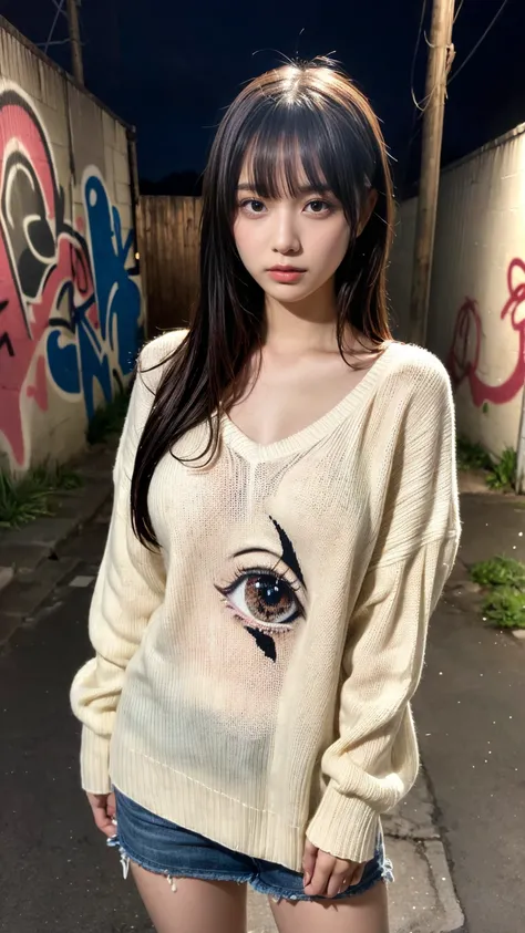 masterpiece, best quality, illustration, Super detailed, fine details, High resolution, 8K,wall paper, perfect dynamic composition,(Details High quality, realistic depiction of eyes:1.3),  (Japanese teenage girl standing in a dirty back alley at night, gra...